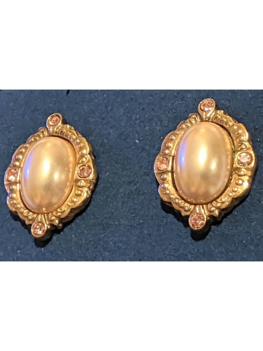 Vintage 1928 Blush Pink Faux Pearl And Pink Rhinestone Earrings Gold Tone - Picture 3 of 9